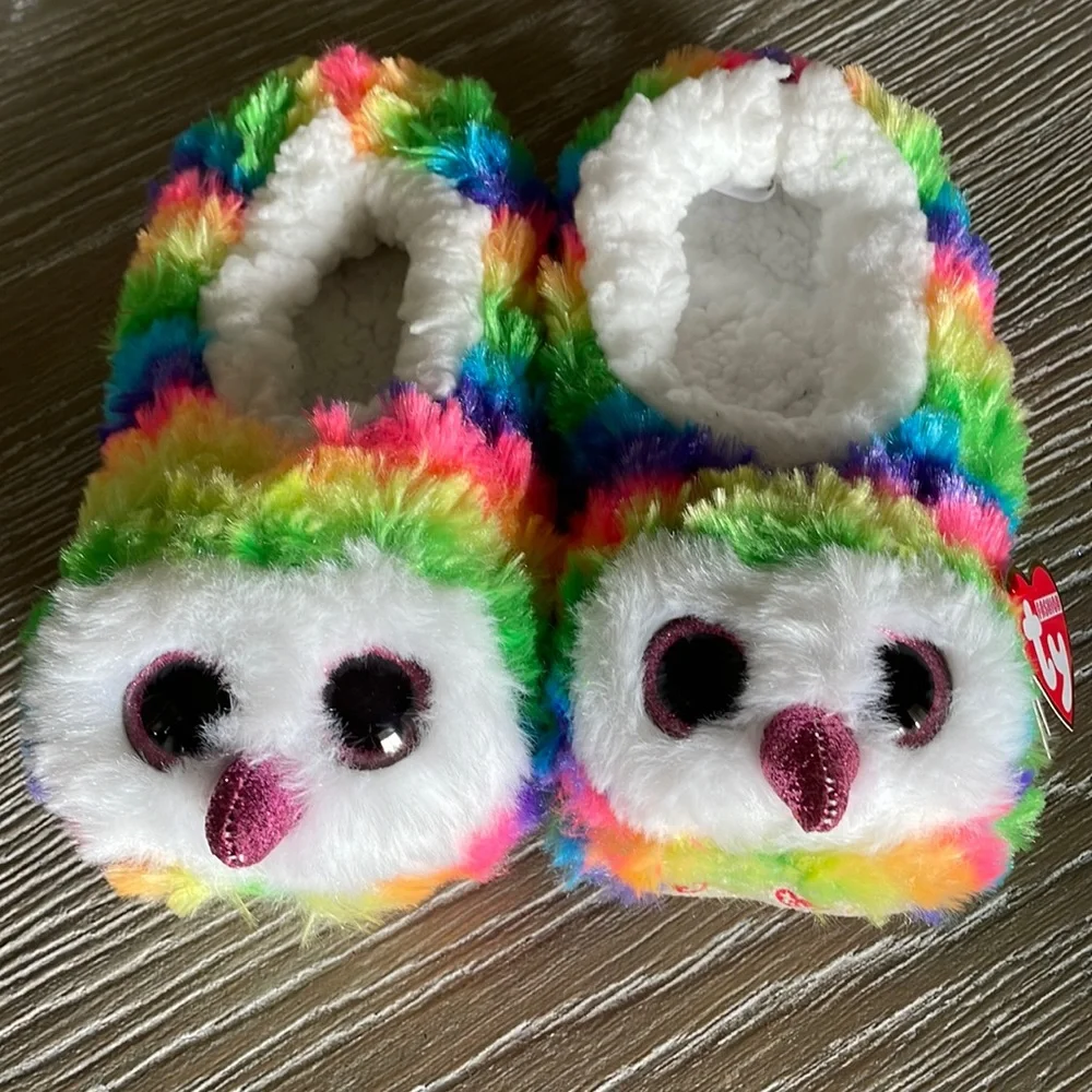 Owl Ty pink, blue, yellow & white fashion slippers - Owen size 4-6